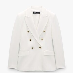 Zara Ivory Double-Breasted Blazer with Gold Accents